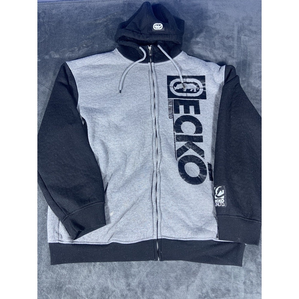 Y2K Ecko Unltd Grey And Black Zip Up Hoodie Men's Size XL Big Print